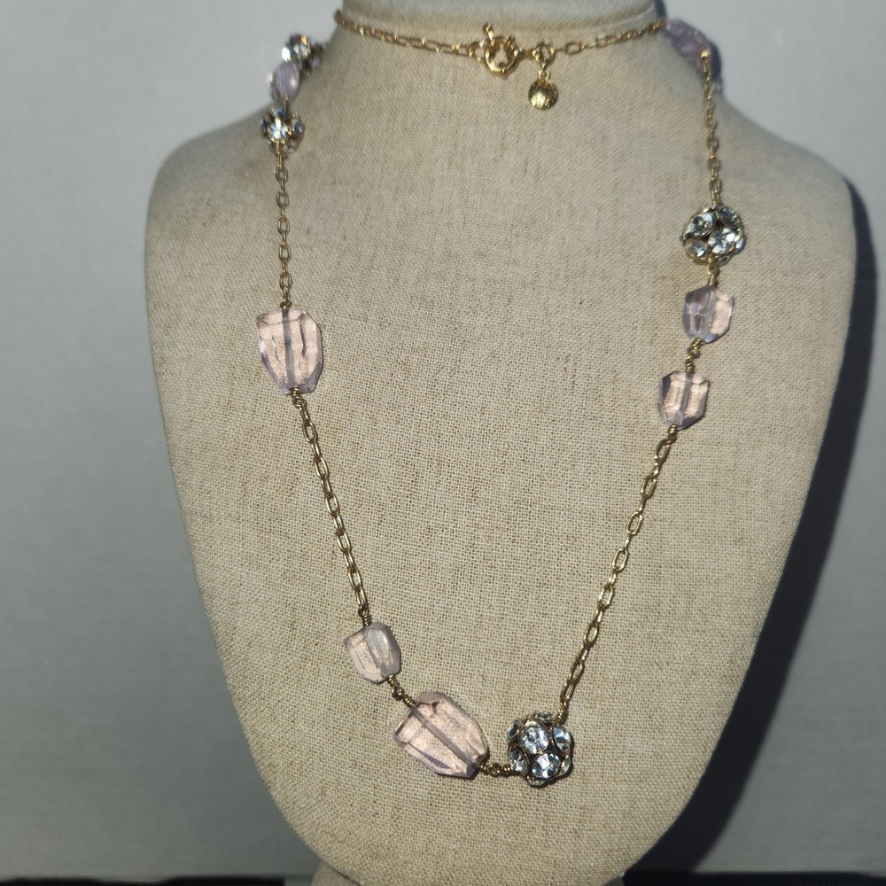J.Crew Gold Tone Pink Faceted glass Pavé Ball Long Station Necklace‎